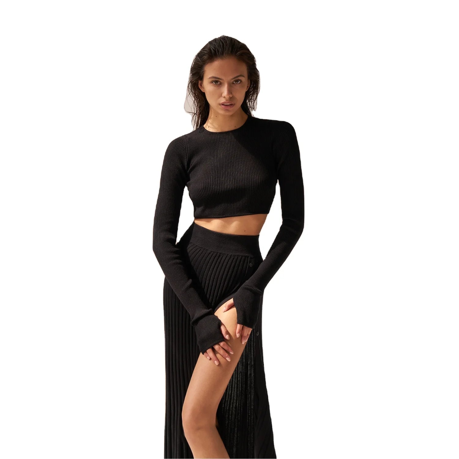 Spring Latest Design Woollen Ribbed Button Cardigan Maxi Dress Knitted Two Piece Set Skirt