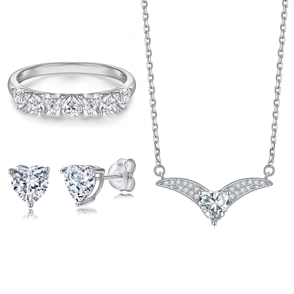 Heart Zircon Half Eternity Band Ring Necklace and Earrings Jewellery Sets 925 Sterling Silver Heart CZ Jewelry Set