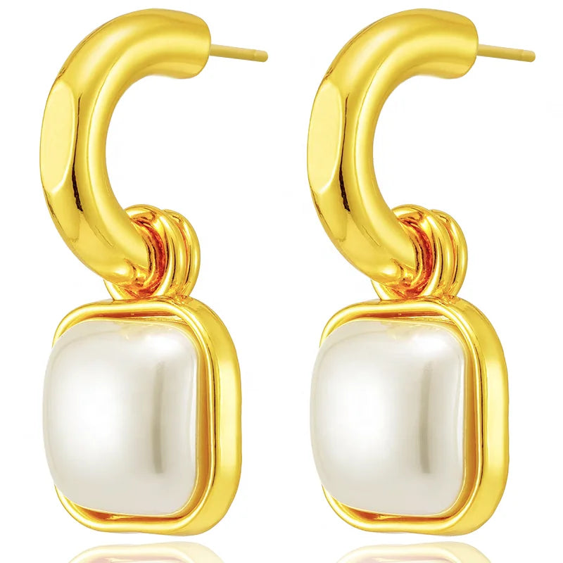Premium Light Luxury Brass Electroplated 18k Gold Vintage Square Pearl Stud Earrings Detachable Unisex Jewelry Customized