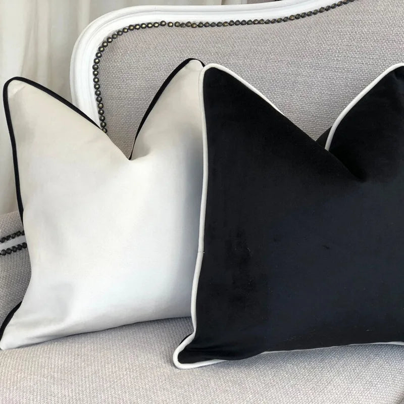 Milk White Black Throw Pillow Covers With Black Piping Soft Velvet Decorative Cushion Case for Sofa Bedroom/