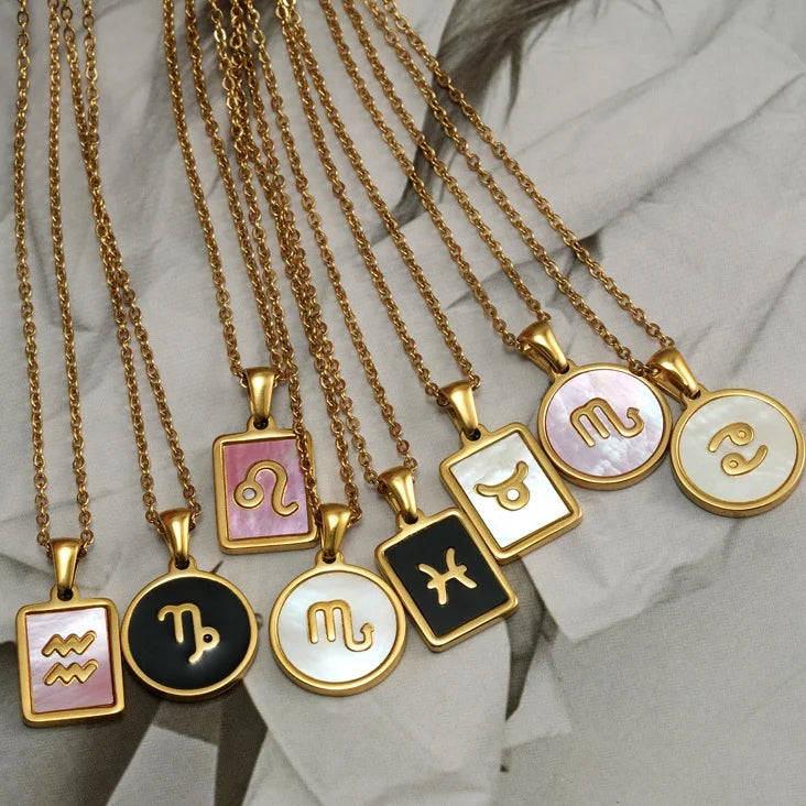 No Tarnish Jewelry 18K Gold PVD Plated Stainless Steel Black White Pink Shell Square Round 12 Zodiac Signs Pendant Necklace