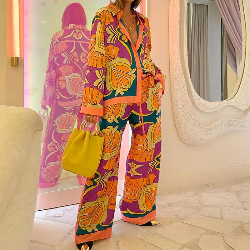 S-3XL Summer Loose Print Long Sleeve Shirt and Pants Casual Fashion Set