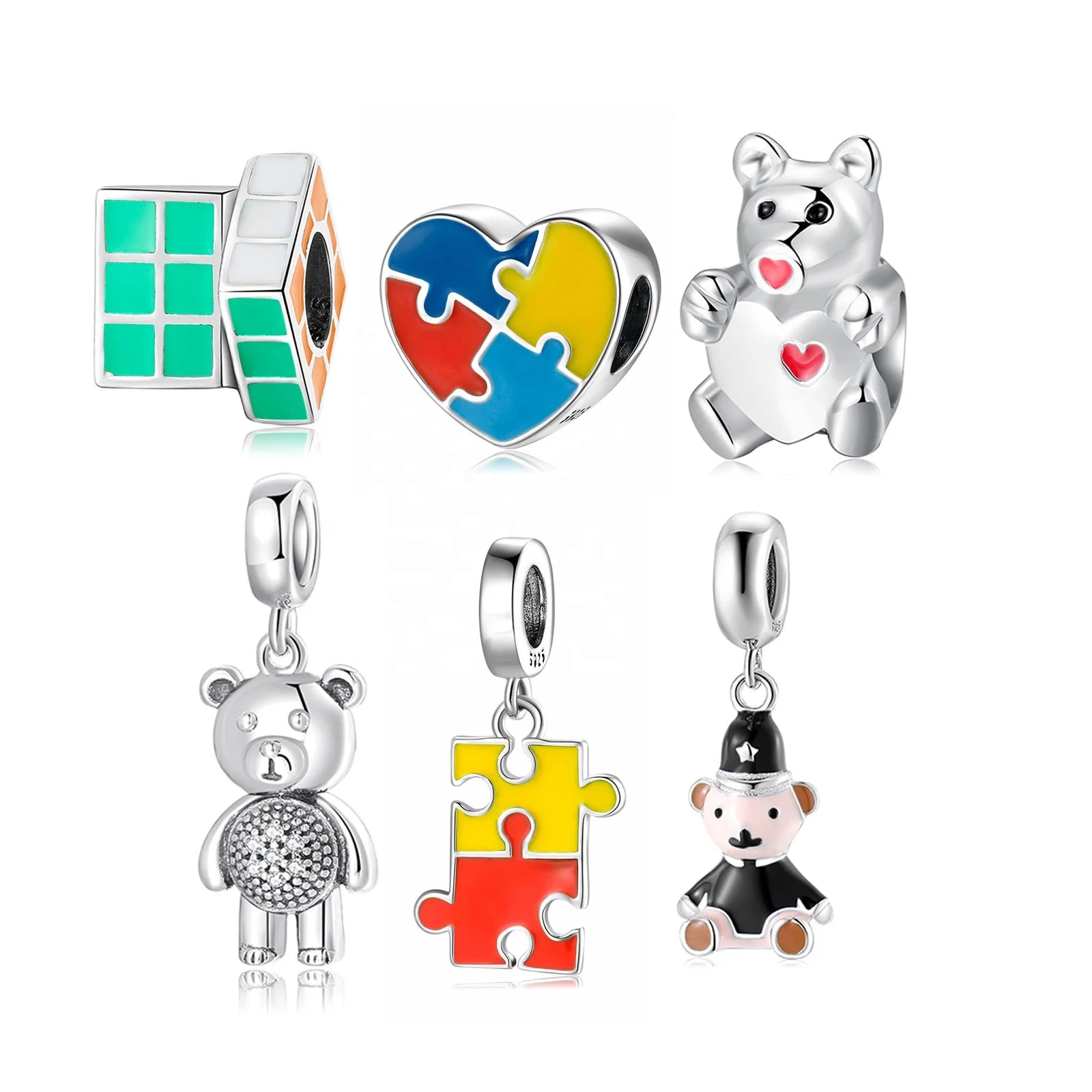 Real 925 Sterling Silver Square Enamel Blue and Red Beads Charms for Bracelets Fashion Jewelry Making Wholesale Jewelry