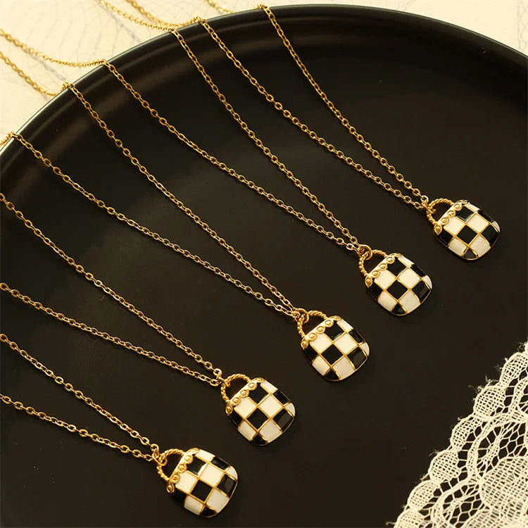 Cute Unique Bag Pad Lock Checker Jewelry Black White Enamel Gold Plated Stainless Steel Lock Pendant Necklace