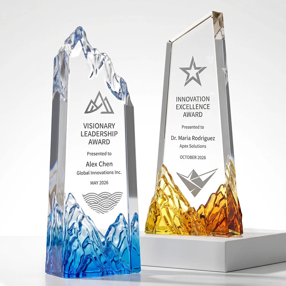 Custom Mountain Peak Crystal Trophy Personalized Engraved Gradient Glass Award Rock Climbing Tournament Innovation Recognition