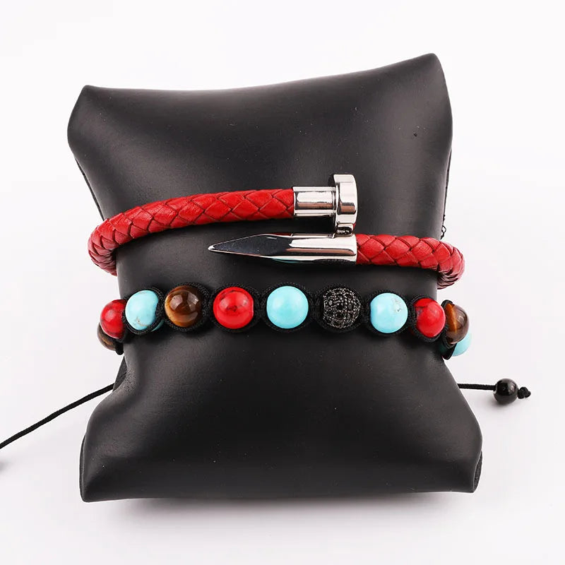 New Design Red Blue Turquoise Beads Adjustable Bracelet Custom Loge Stainless Steel Leather Bangle Bracelet Men Women
