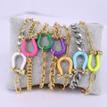 BB1087  Fashion 18k Gold Plated Curb Paperclip Chain Luxe Link  Chain Bracelet With Enamel Horseshoe Carabiner Lock Clasps