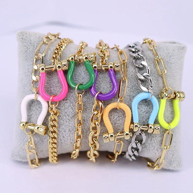 BB1087  Fashion 18k Gold Plated Curb Paperclip Chain Luxe Link  Chain Bracelet With Enamel Horseshoe Carabiner Lock Clasps
