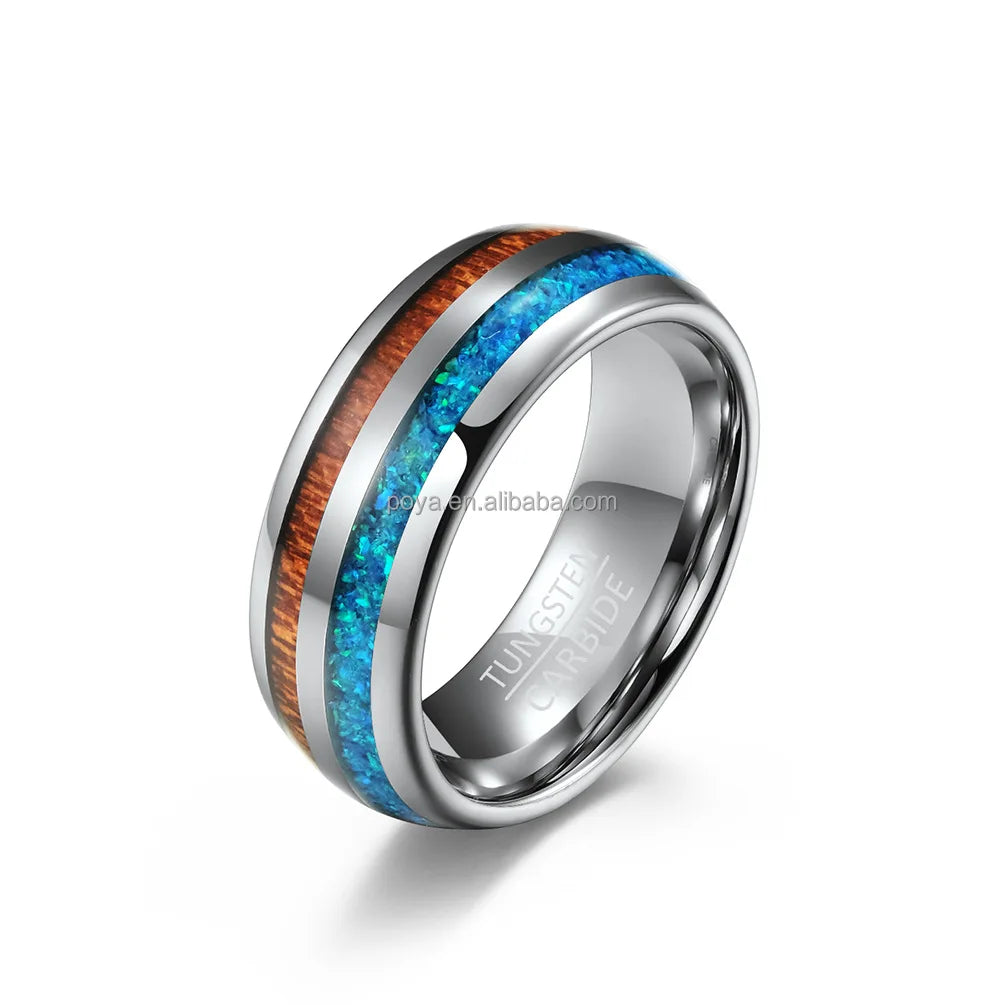 Poya Ready to Ship Comfort Fit Men'S Wedding Tungsten Carbide Ring With Opal Wood Inlay