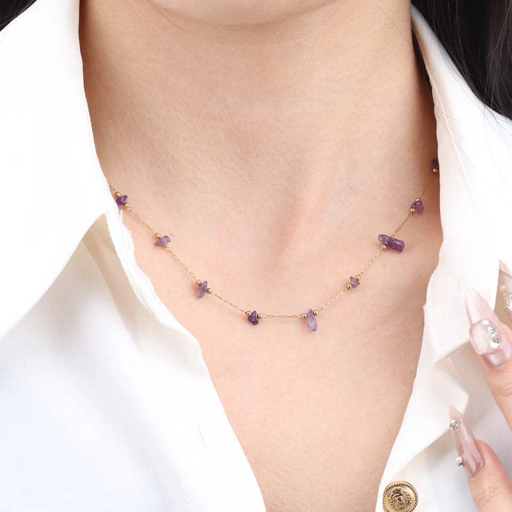 Chris April in Stock Stainless Steel Natural Amethyst Crystal Quartz Satellite Chain Necklace