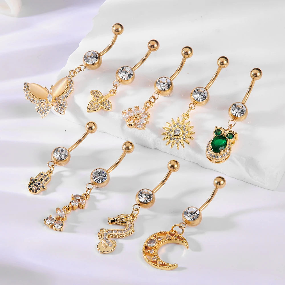 POENNIS Gold Plated Stainless Steel Dragon Butterfly Belly Button Rings Wholesale Floating Surgical Steel Moon Sun Sets Wedding