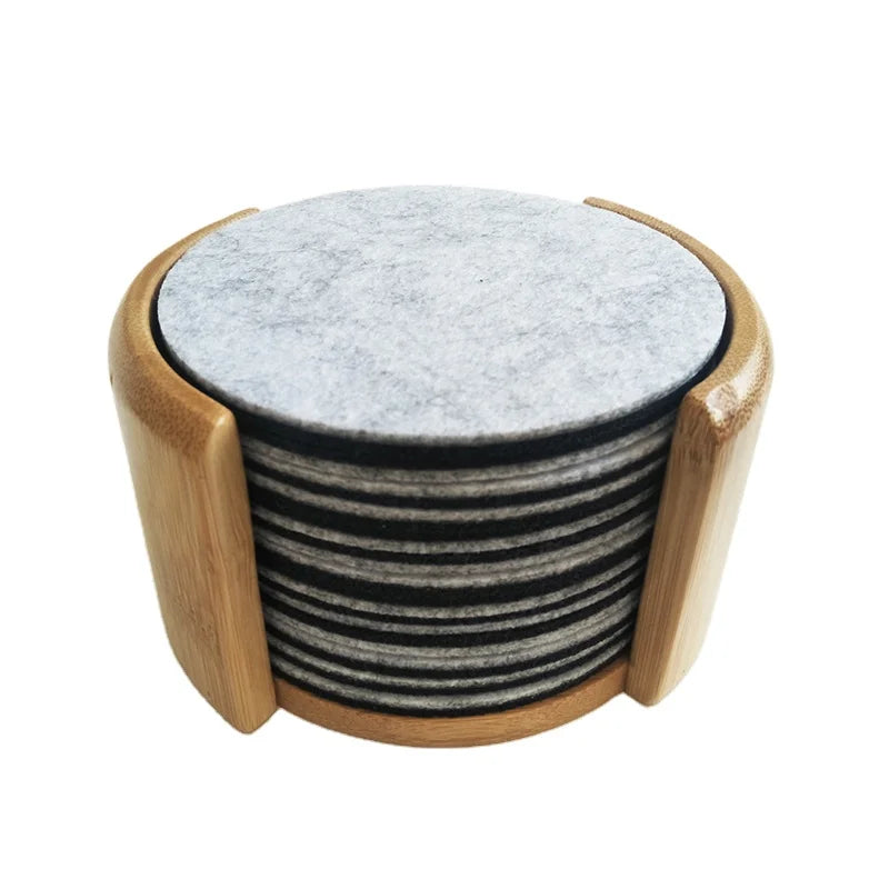 Factory Custom 10-Pcs Modern Design Felt Coaster Set With Wood Holder Sustainable Absorbent Drink Non-Woven Fabric Coaster