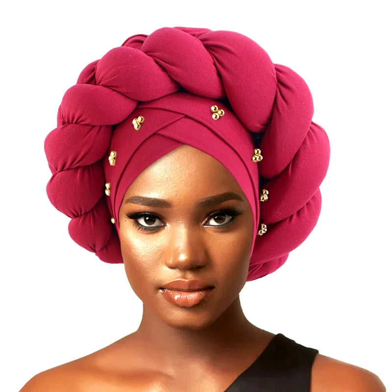 African Ladies Hijab Colorful Solid Color Twist Braid Women Headwrap Africa Gele Cap With Bead