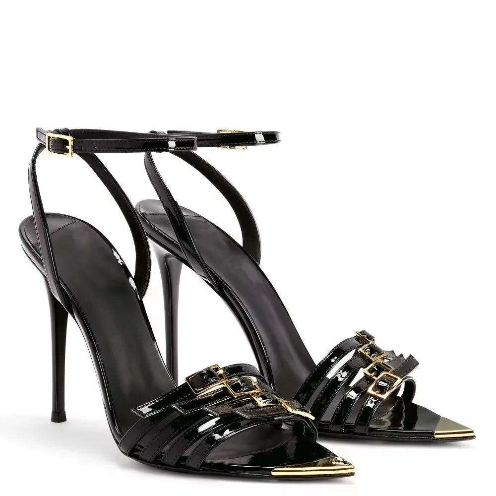 Women Plus Size Summer Ankle Strap Thin High Heel Pointed Toe Steel Metal Tip Sandals Height Increasing