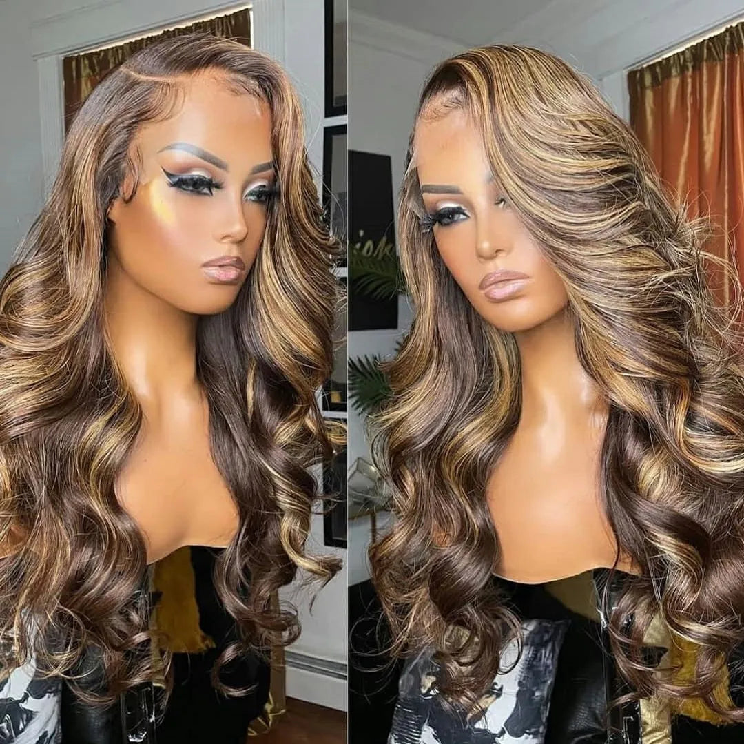 High Density Glueless Wig Pre Plucked African Women Body Wave Lace Front Wig 4/27 Highlight Color Glueless Human Hair Wig