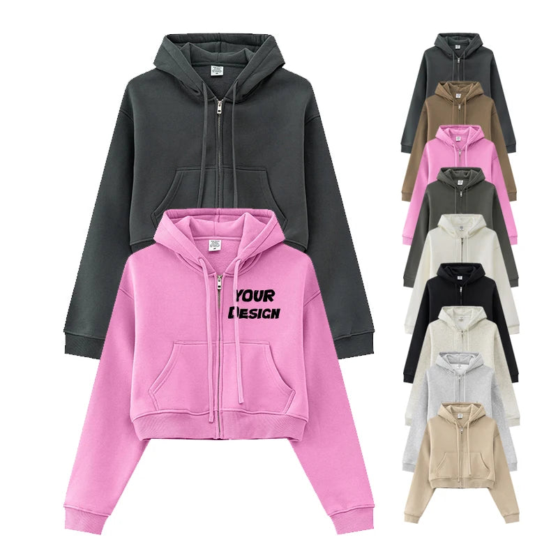 Autumn European and American Retro Solid Color Hoodie Zipper Jacket Custom Printed Loose Short Hot Girl Hoodie