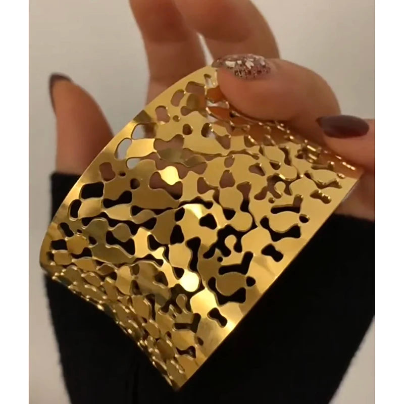 Irregular Pattern Wide Hollow Stainless Steel Bangle Geometric Open Waterproof Cuff Bracelets Women Statement Chic Punk Jewelry