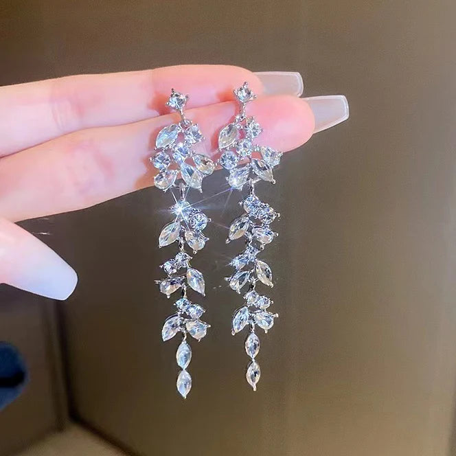 CAOSHI New Trend Leaf Style Women's Carbon Zircon Long Earrings Silver Gold Color Wedding Bridal Pendant Earrings