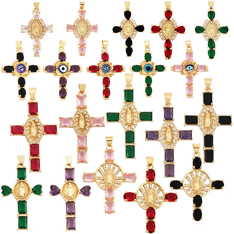 New Religions Virgin Mary Evil Eye Rainbow Cubic Zirconia CZ Paved Cross Charm PendantJewelry Necklace Bracelet Accessories M73