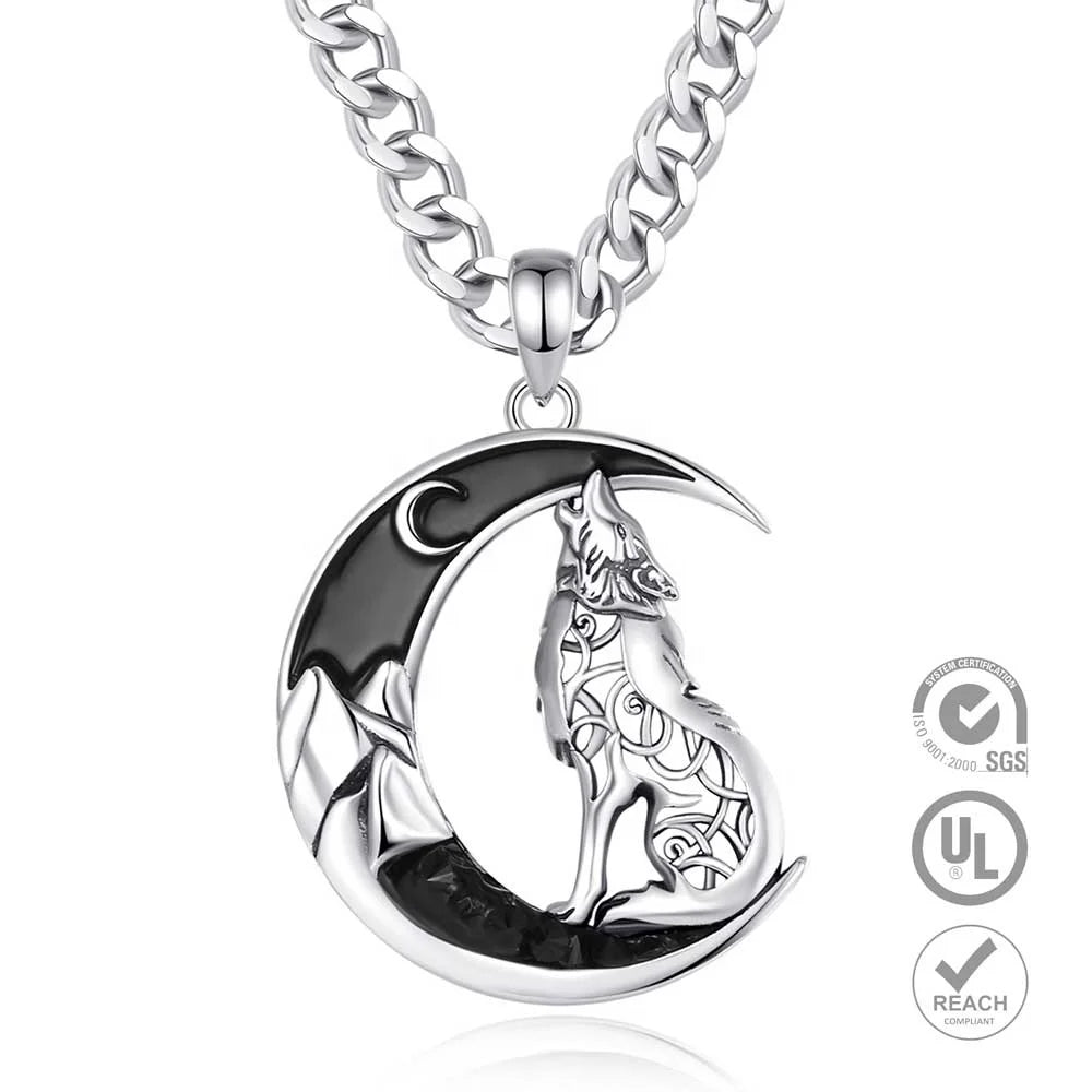 Fashion Design 925 Sterling Silver Wolf Pendant Mens Cuban Chain Necklace Hip Hop Jewelry