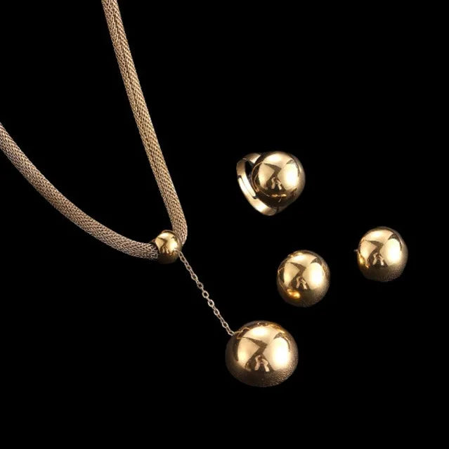 2024 New Stainless Steel Gold Ball Pendant Jewelry Set Necklace Earrings Ring 18k Gold Plated Tarnish Free Set for Women