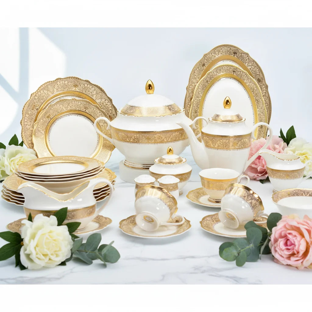 98pcs Embossed Real Gold Luxury Porcelain Bone China Royal Wedding Style Dinnerware Dishwasher Safe Dish Plate Dinner Set for 12
