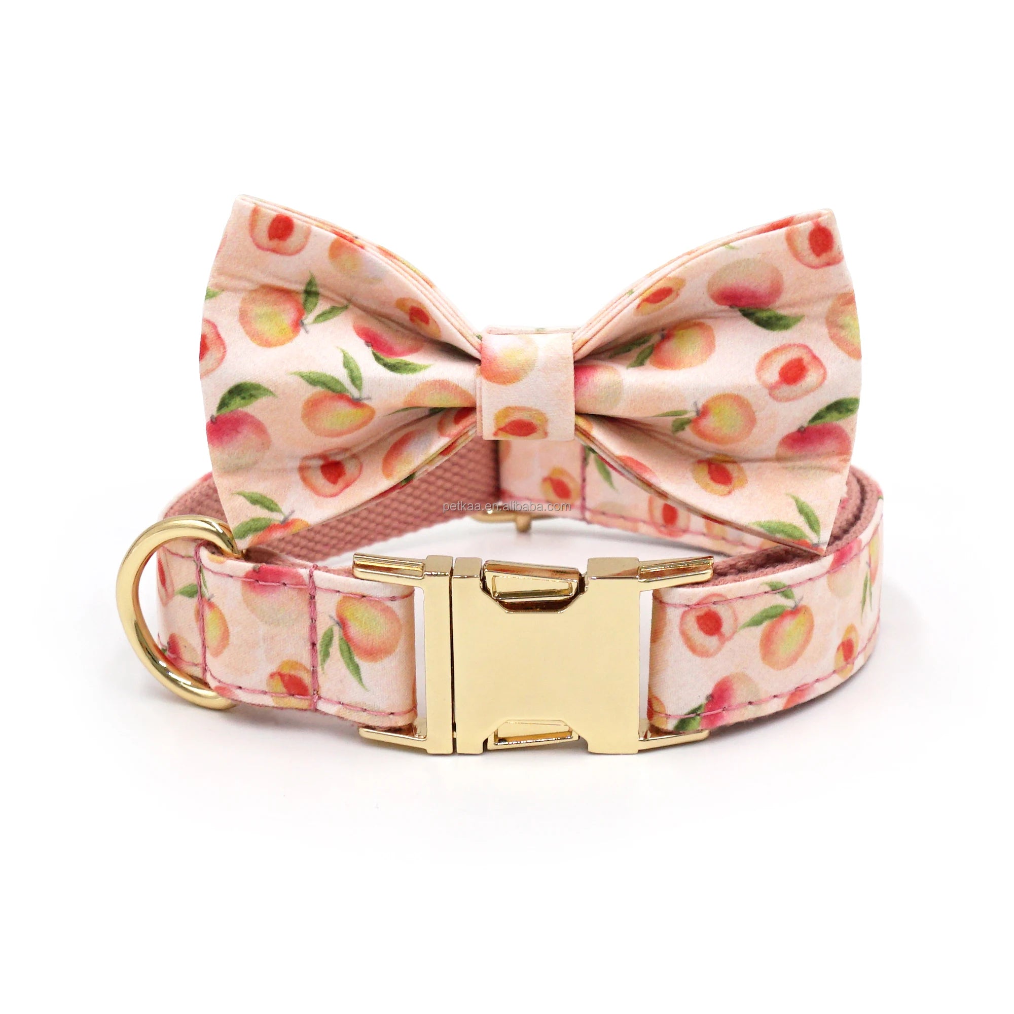 2025 New Product Modern Luxury Dog Collar with Golden Metal Buckle Pink Peach Pattern Nylon Leash Set & Customized Logo