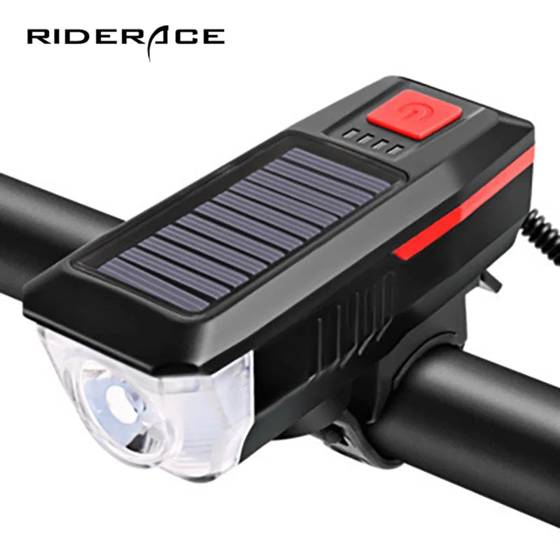 RIDERACE Solar Headlight 2000mAh USB Rechargeable Horn Cycling Frontlight Strong Light Waterproof Mountain Bike Front Light