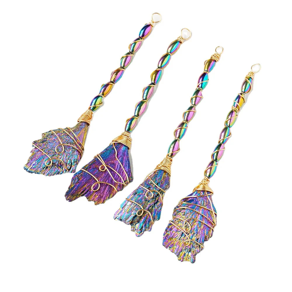 Natural Crystal Electroplated rainbow Black Tourmaline Broom Healing Stone Hand Crafts