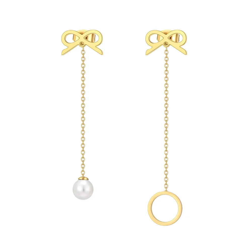 Wholesale Asymmetrical Vintage Fringed Bow Tassel Earrings Gold Plated Stainless Steel Pearl Earrings for Women Trendy Style