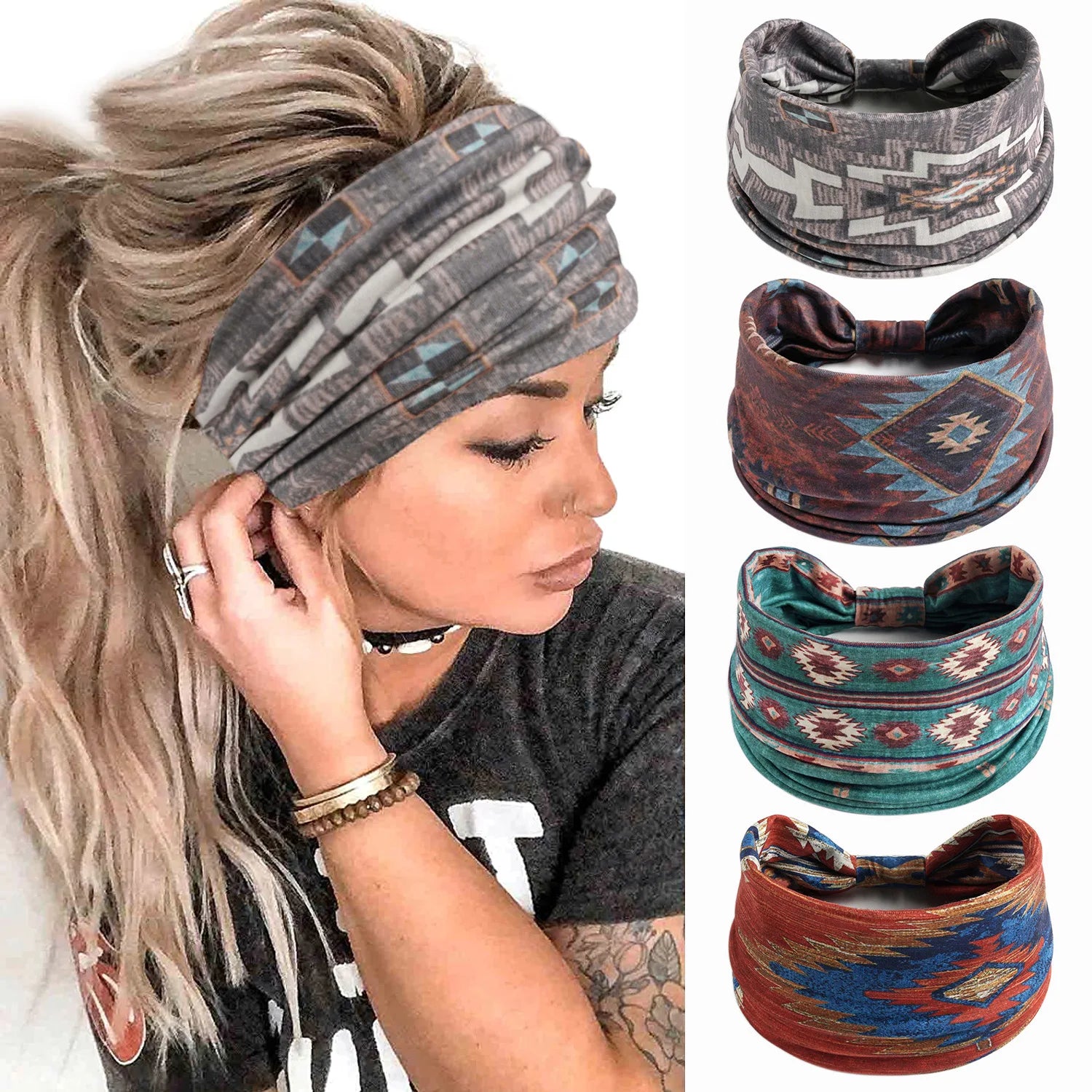 Wide Headbands for Women Boho Knotted Head Wraps Turbans Non- Slip Bandana Headbands Sport Yoga Workout Stretchy Hair Bands
