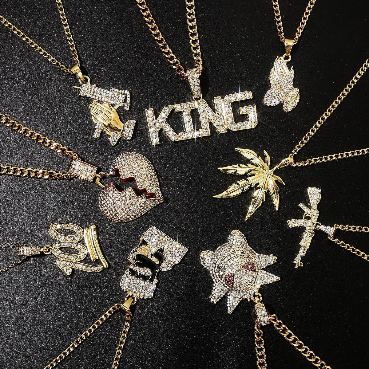 Gun Devil 18k Gold Quartz Crystal king 100 Iced Out Character Chain Hiphop Gold Pave Full Diamond Heart Pendant Necklace