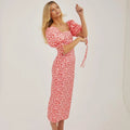 Elegant Casual Women Long Dresses 2023 Slimming Square Collar Puff Short Sleeve Bodycon Floral Printed Slit Ladies Maxi Dress