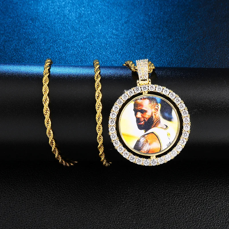 MJ Jewelry Hip Hop Double Side Rotating Gold Picture Necklace Pendant