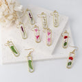 Bohemian Multi Colored Pressed Flower Earrings Rectangle Dangle Drop Glod Earrings Handmade Dried Flower Earrings for Women