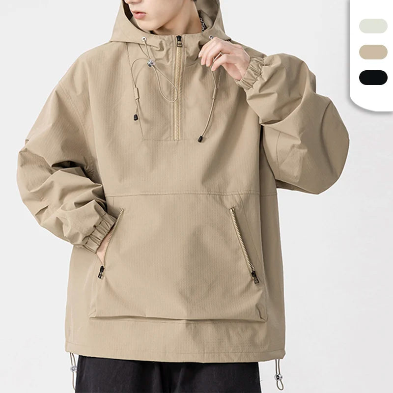 Men's Custom Logo Half Zip-up Hoodies With Zip Front Pocket Elastic Cuff and Hem Spring Polyester Pullover Jacket Hoodies
