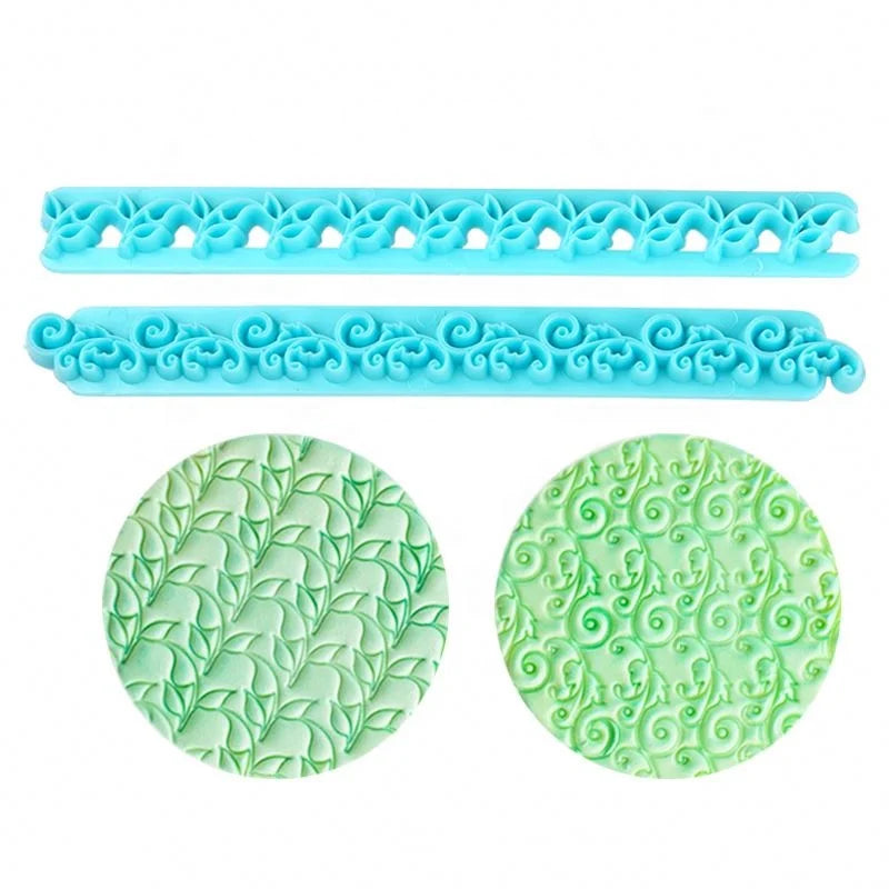 2PCS Diy Embossed Cake Border Plastic Rolling Lace Fondant Decorating Plastic Leaves Patterns Press Cutter Ruler Mold Set