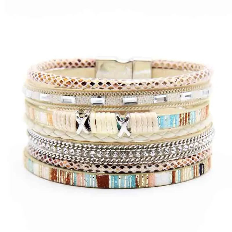 Vintage Ethnic Bohemian Women's Bracelet Multilayer Braided Leather with Crystal Chain Snake Pattern Wrap Cuff Jewelry