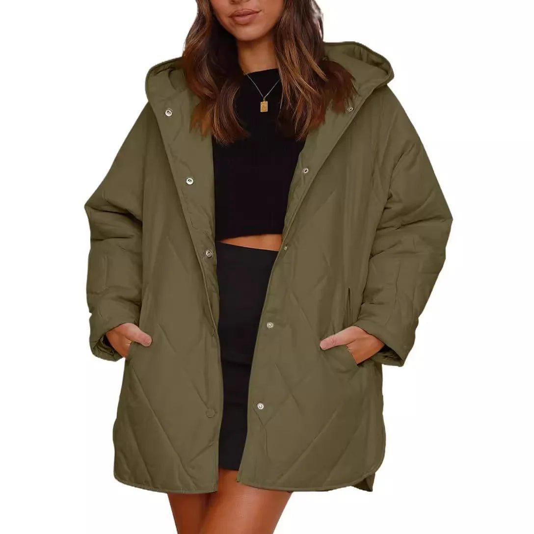 Ins EU and US Winter 2024 Women's Long Thin Woven Quilted Hooded Casual Hexagonal Light Jacket