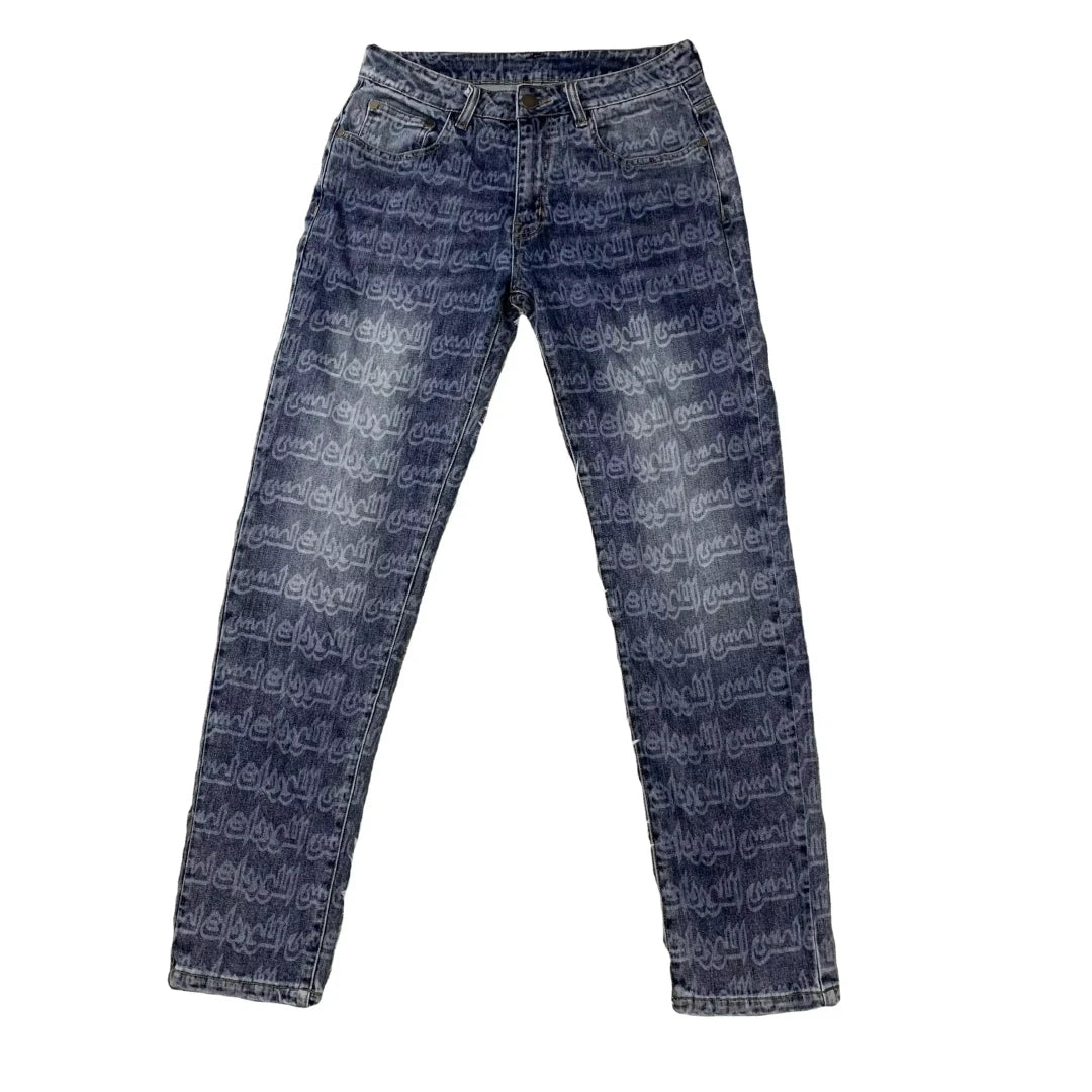 DENIMGUYS Custom Fashion Men's Acid Wash Jeans Printed Straight Personality Men Blue Denim Pants