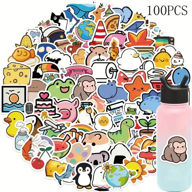 100pcs Waterproof Die Cut Customizable Vinyl Animal Stickers Cute Cartoon Cat Dog Panda Kids Aesthetic Water Bottle Promotional