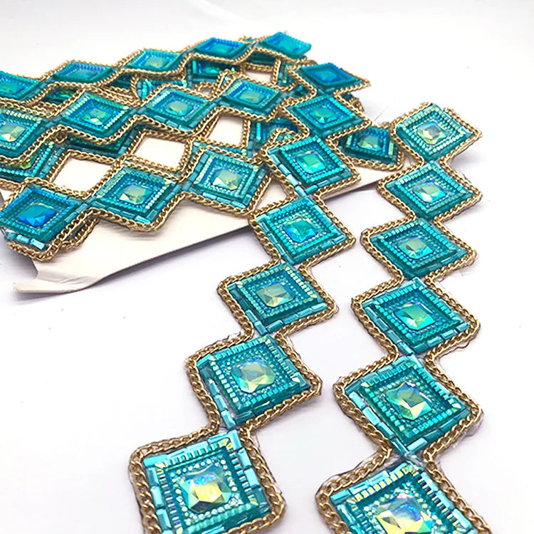New Material Aqua Color Carnival Stones Trimming Iron on Rhinestone Trim for Sambas Costumes and Shoes Crafting