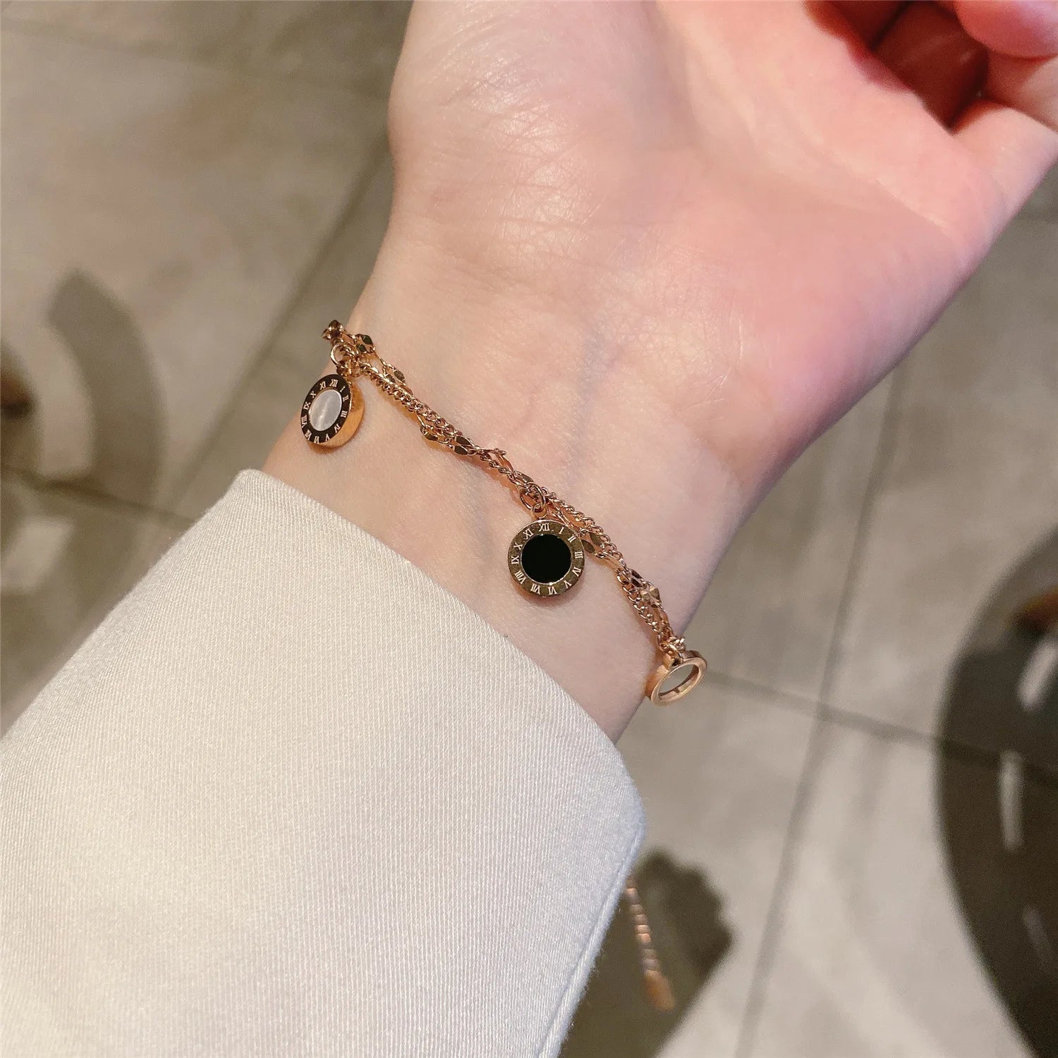 Fashion Korean Style Hoop Tassel Titanium Steel Gold Plated Beads Thin Chain Bracelet for Women