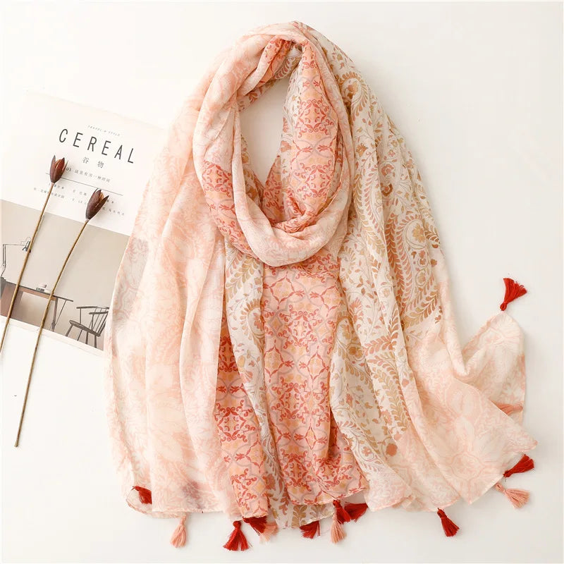 Wholesale Women's Pink Geometric Printed Vintage 180*90cm Polyester Cotton Scarf With Tassel Bohemian Ethnic Style Soft Shawls