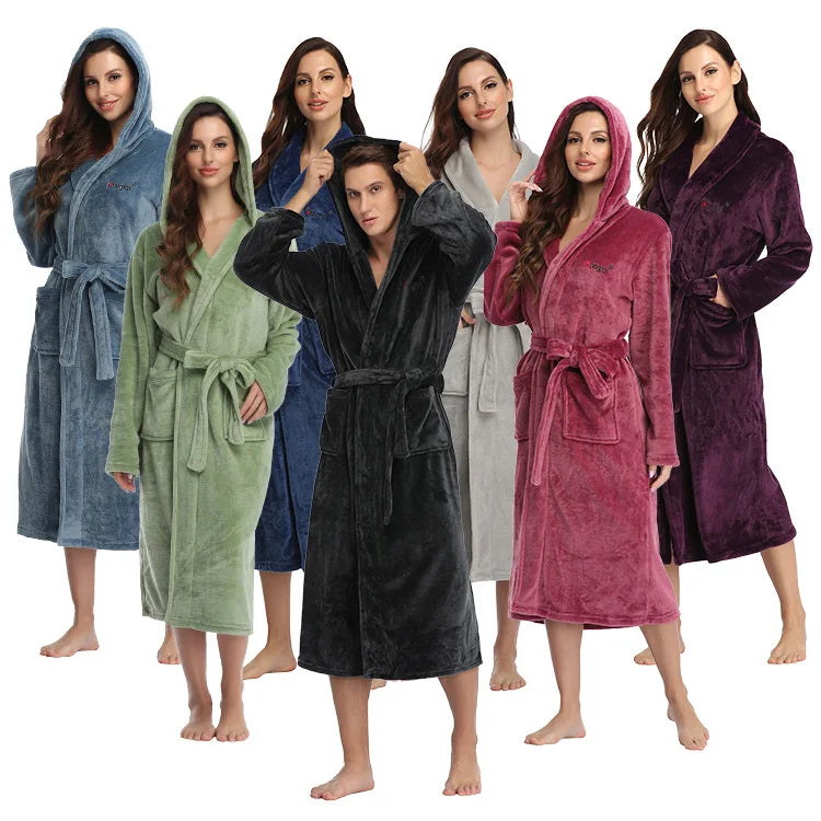 New Men's and Women's Simple Flannel Large Size Long Couple Hooded Bathrobe Autumn and Winter