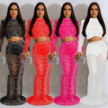 Fashion Two Piece Set Women Clothing Sexy Glitter Rhinestones See Through Sheer Mesh Club