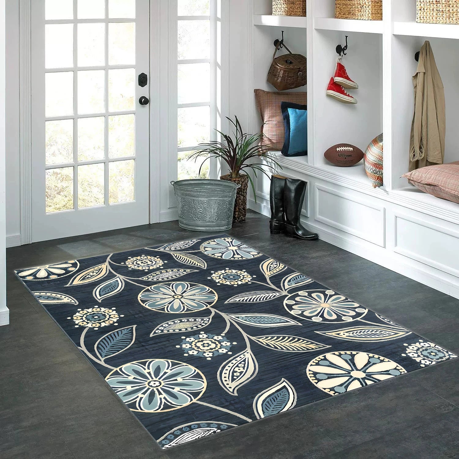 Modern Floral Pattern Area Rugs Anti slip Plastic Dots Back Polyester Fiber Carpet for Home Decor