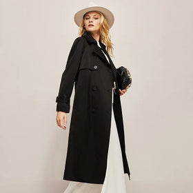 Elegant Ladies Fashionable Long Sleeves Fitting Double Breasted Long Coat Winter Classic Black Twill Belted Overcoat