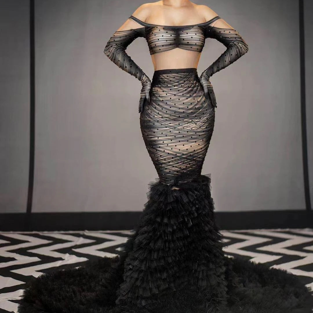 Black Smoke Long Party Dress Singer Stage Show Costume Women Club bar Dj Show Evening Dress