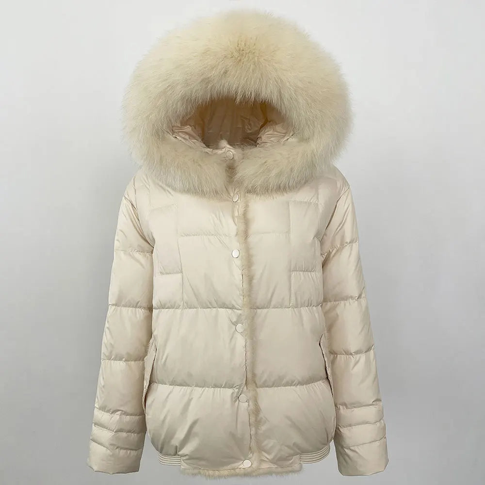 OFTBUY Women's Winter White Duck Hooded Jacket Thick Warm Windproof with Real Natural Fox Fur Collar Casual Outwear & Streetwear